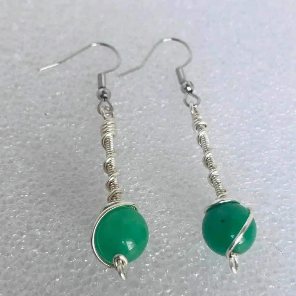 womens Green aventurine dangle wire wrap earrings handmade 2” beaded earrings